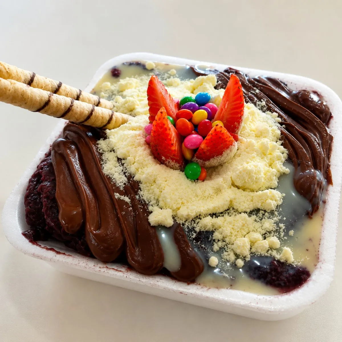 Bandeja de açaí montada com creme, chocolate, morango e confeitos